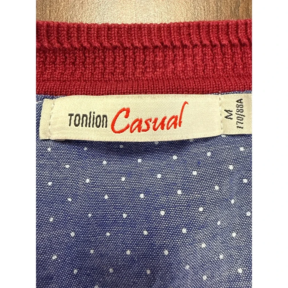 Tonlion Red V Neck 100% Cotton Knit Sweater Soft Classic Preppy M